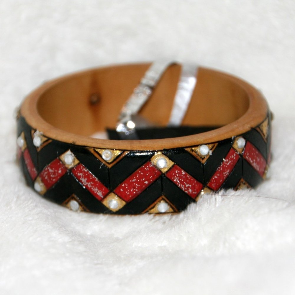 Wood-burned & Hand-painted Red Blk Bracelet